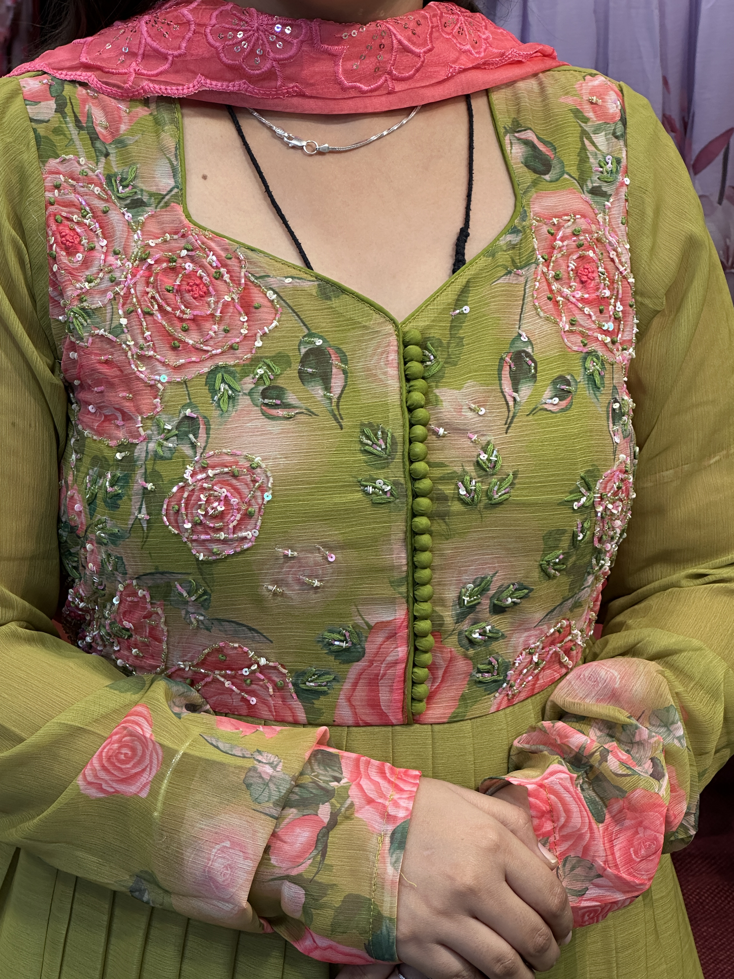 Green Soft Chiffon Floral Print Full Flair Anarkali Suit with Hand Embroidery Work on Neck & Contrast Embroidered Organza Dupatta