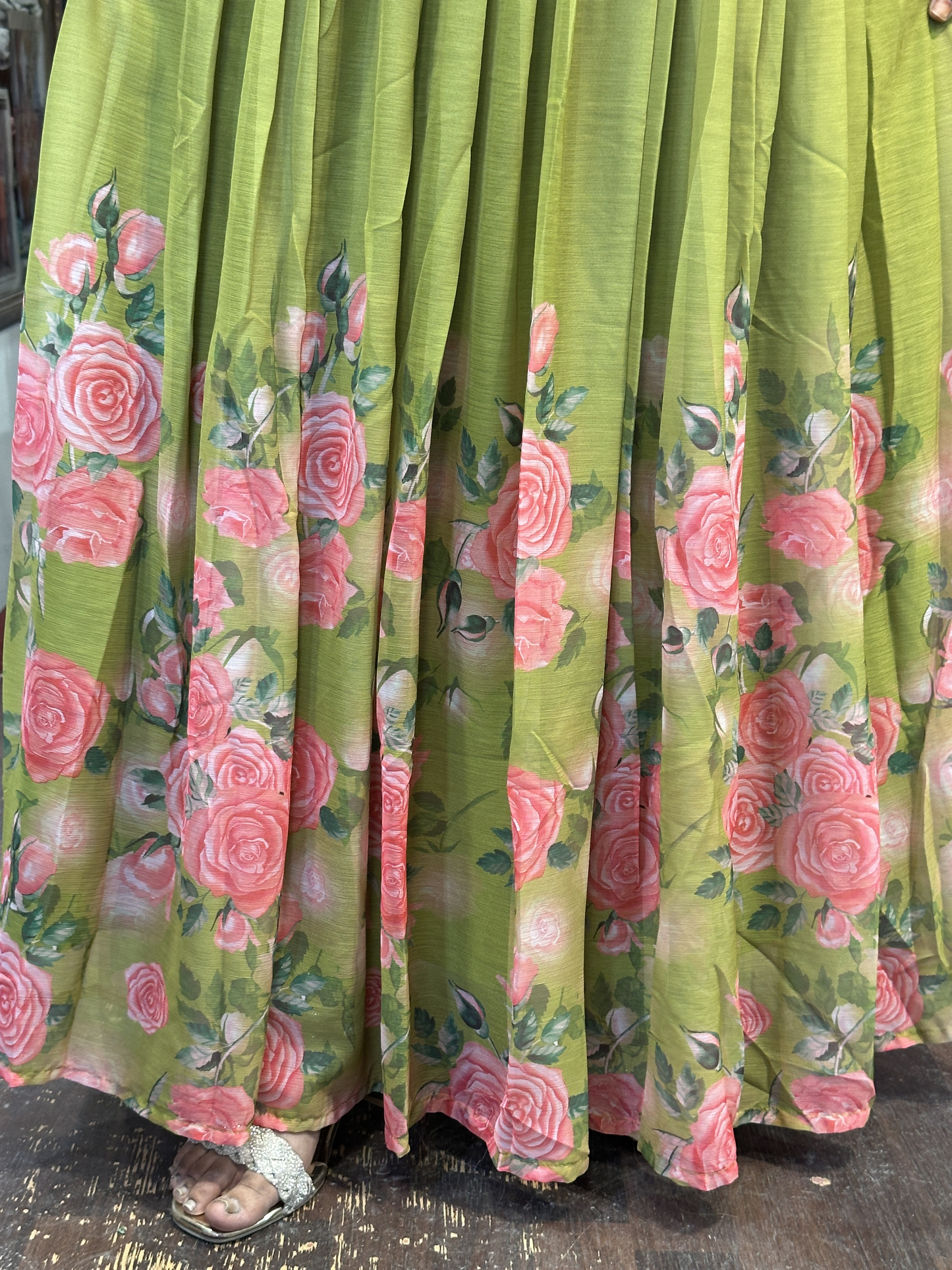 Green Soft Chiffon Floral Print Full Flair Anarkali Suit with Hand Embroidery Work on Neck & Contrast Embroidered Organza Dupatta