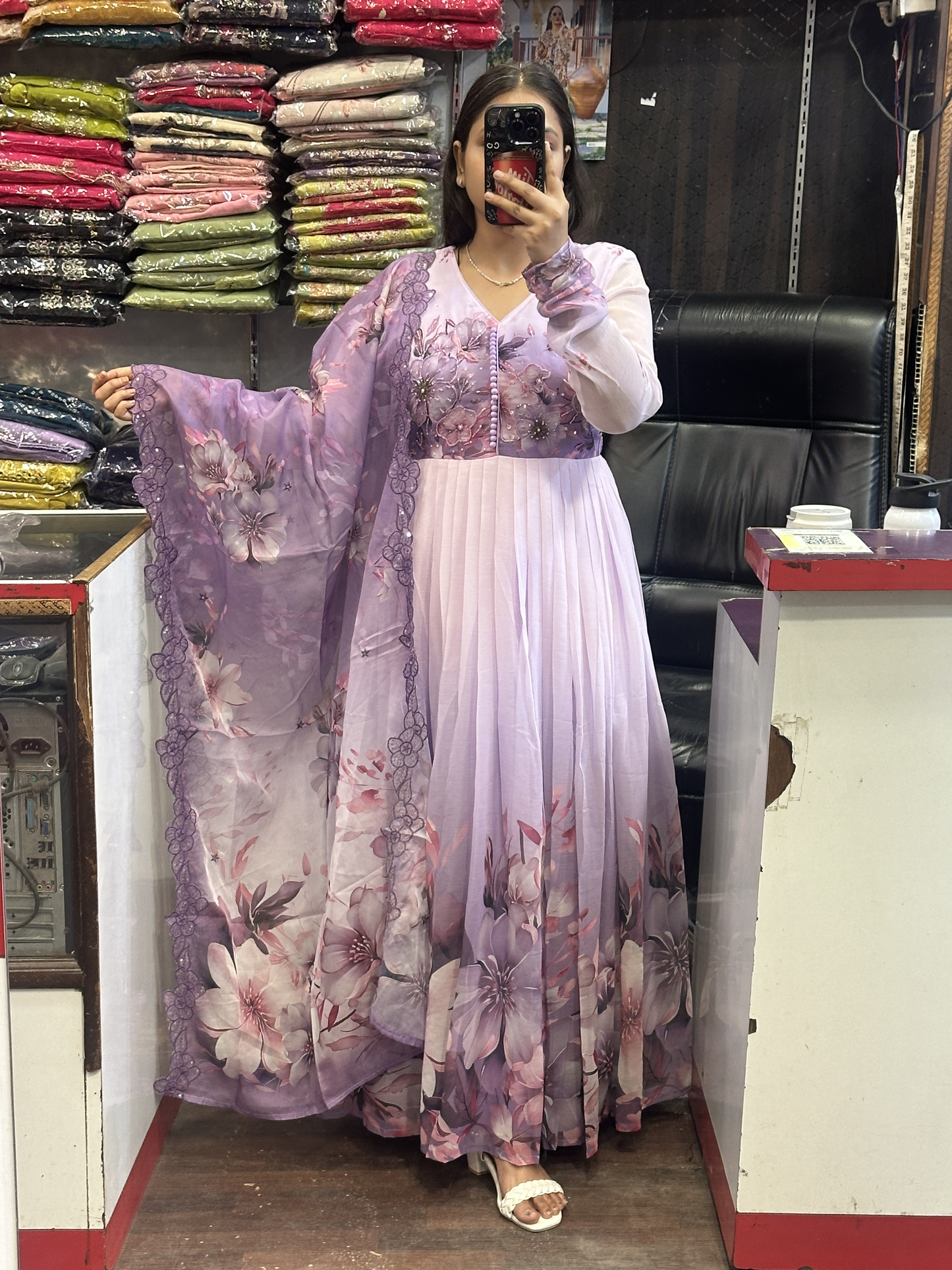 Cream & Lavender Soft Chiffon Floral Print Full Flair Anarkali Suit with Hand Embroidery Work on Neck & Embroidered Organza Dupatta