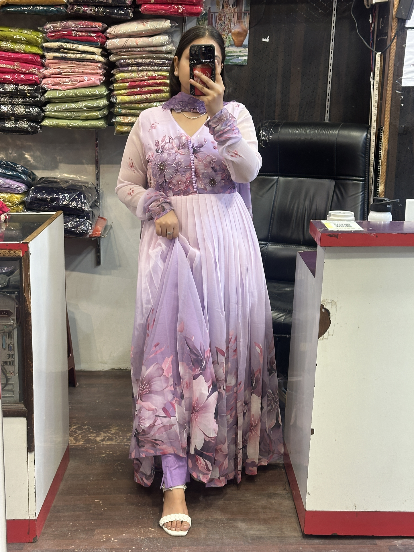 Cream & Lavender Soft Chiffon Floral Print Full Flair Anarkali Suit with Hand Embroidery Work on Neck & Embroidered Organza Dupatta