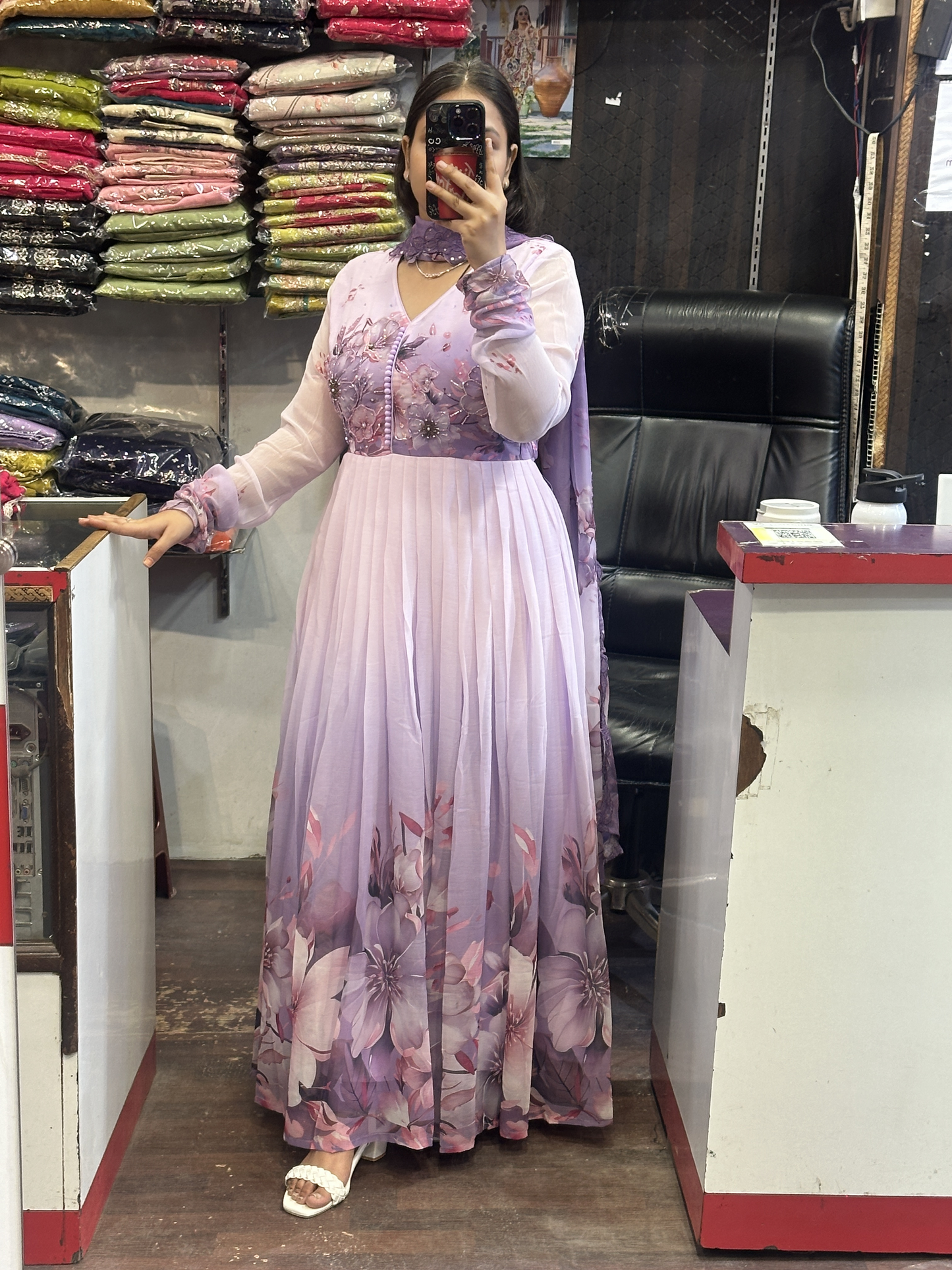 Cream & Lavender Soft Chiffon Floral Print Full Flair Anarkali Suit with Hand Embroidery Work on Neck & Embroidered Organza Dupatta