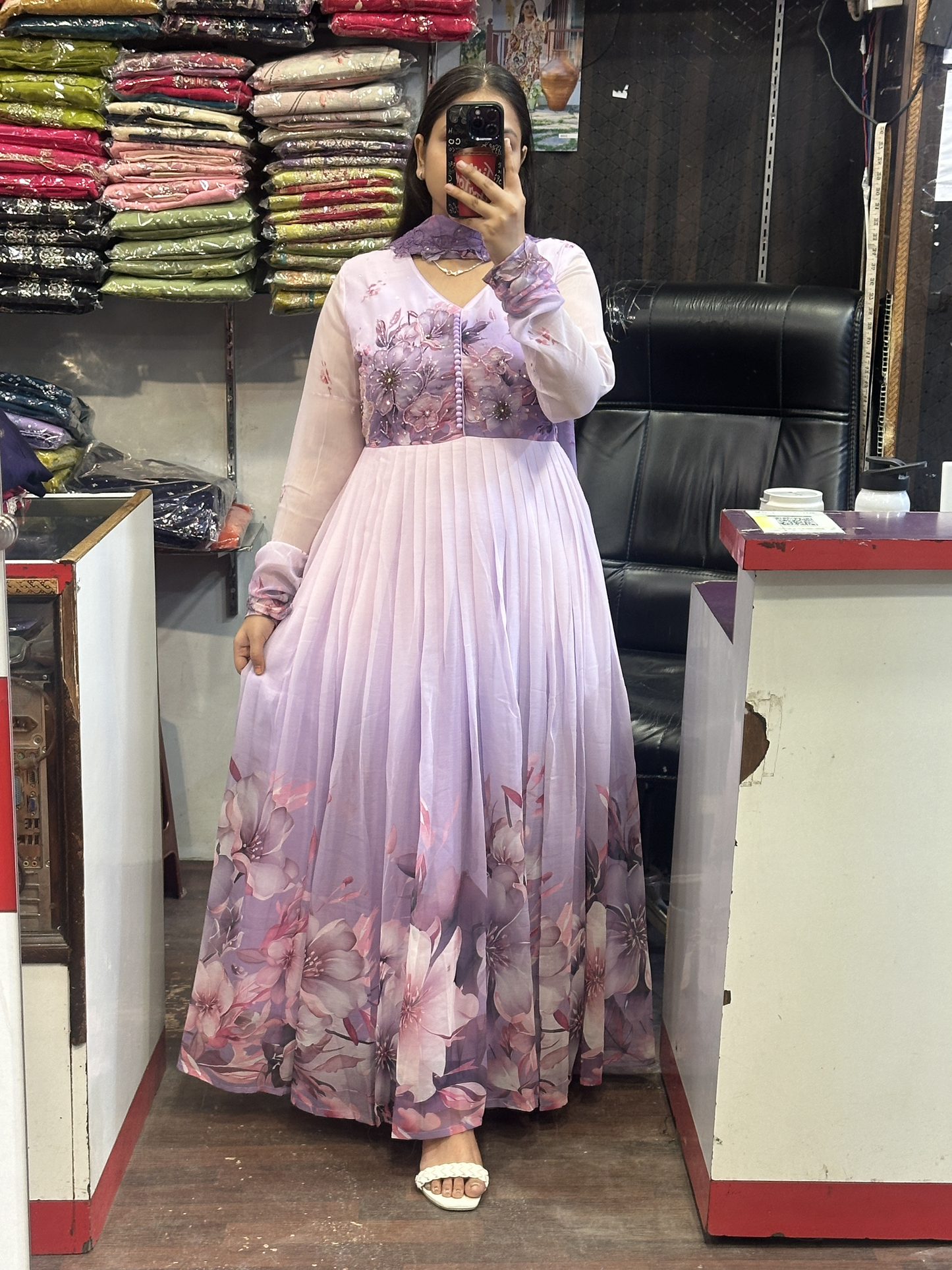 Cream & Lavender Soft Chiffon Floral Print Full Flair Anarkali Suit with Hand Embroidery Work on Neck & Embroidered Organza Dupatta