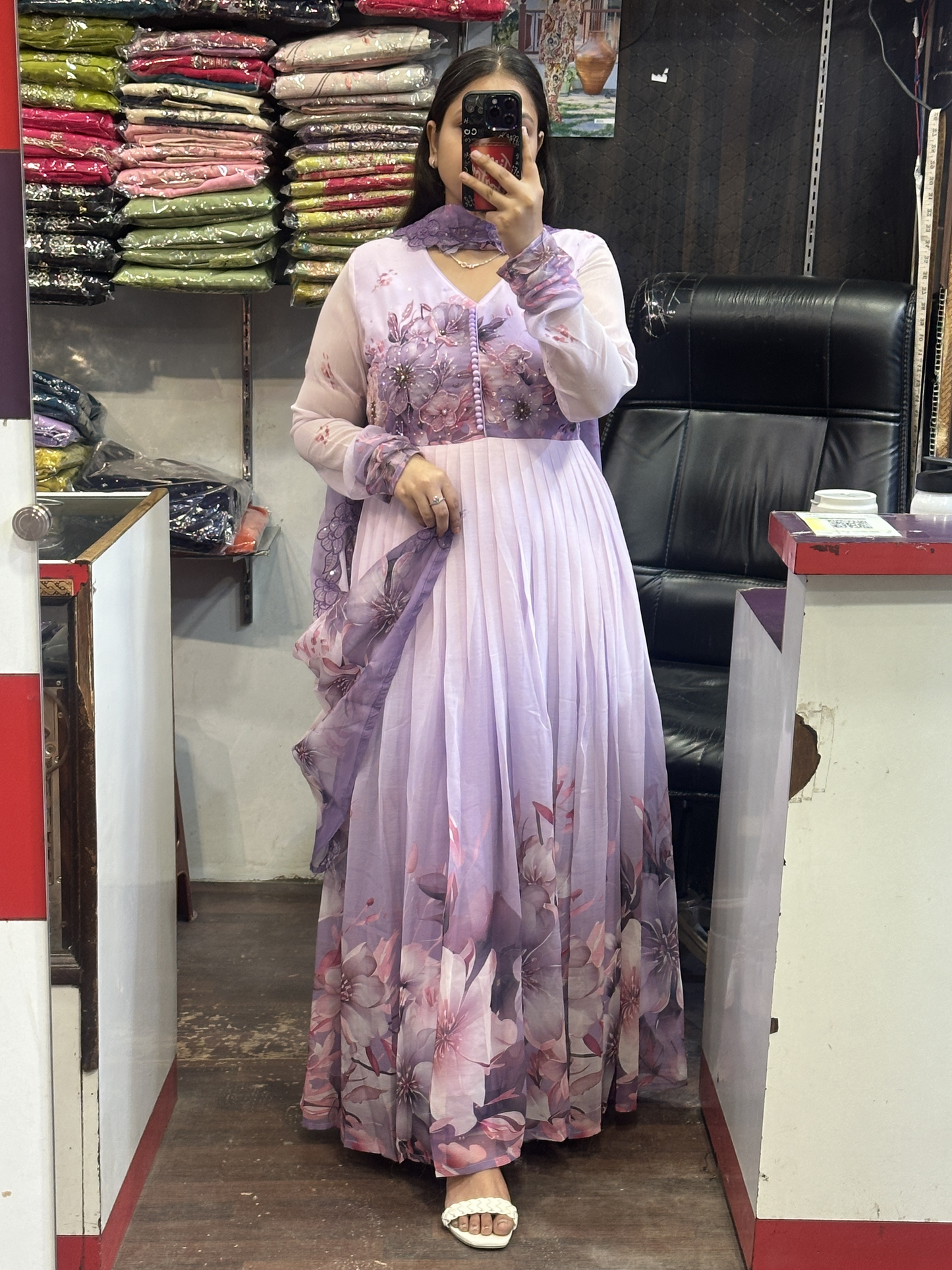 Cream & Lavender Soft Chiffon Floral Print Full Flair Anarkali Suit with Hand Embroidery Work on Neck & Embroidered Organza Dupatta
