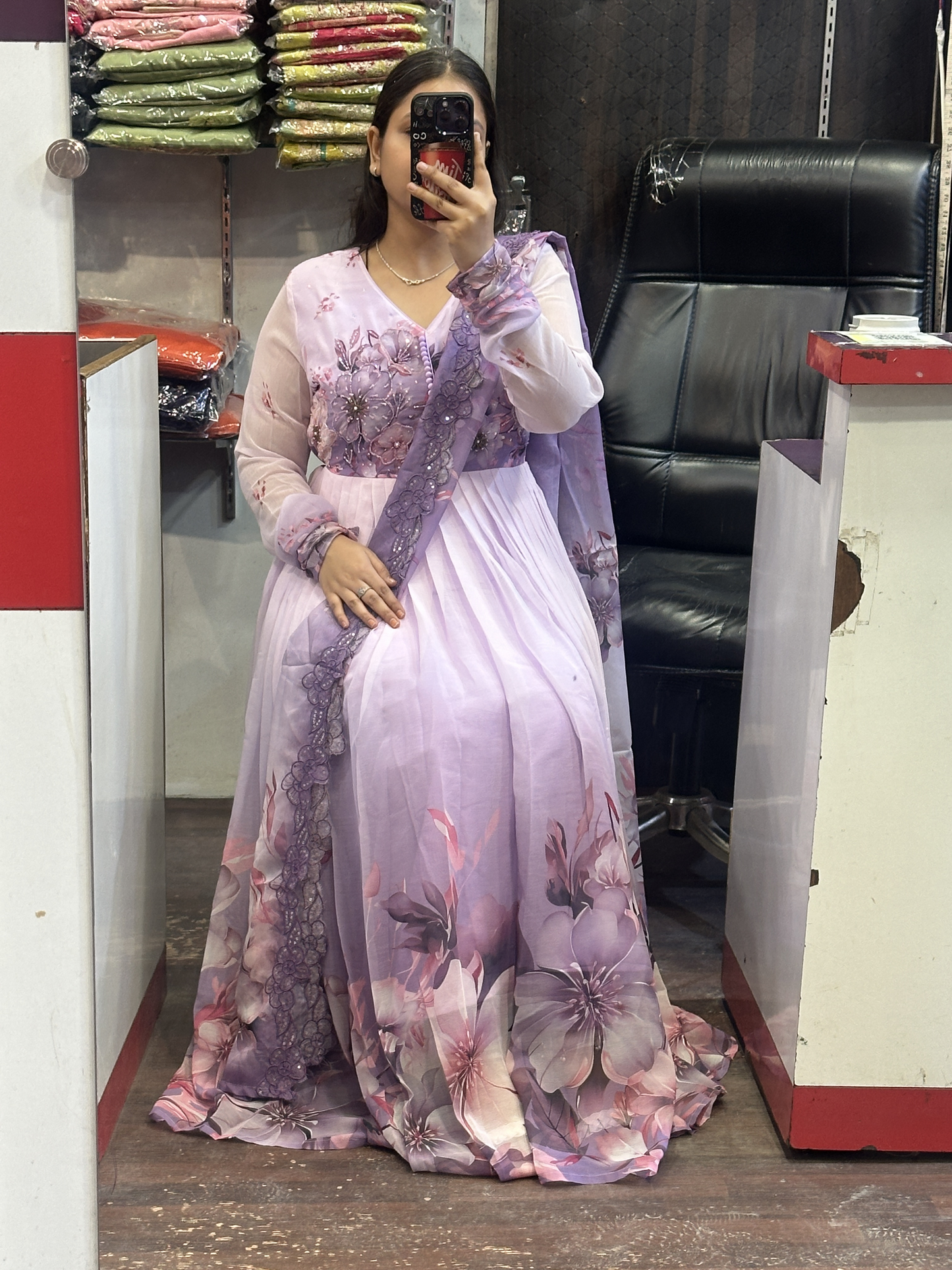 Cream & Lavender Soft Chiffon Floral Print Full Flair Anarkali Suit with Hand Embroidery Work on Neck & Embroidered Organza Dupatta