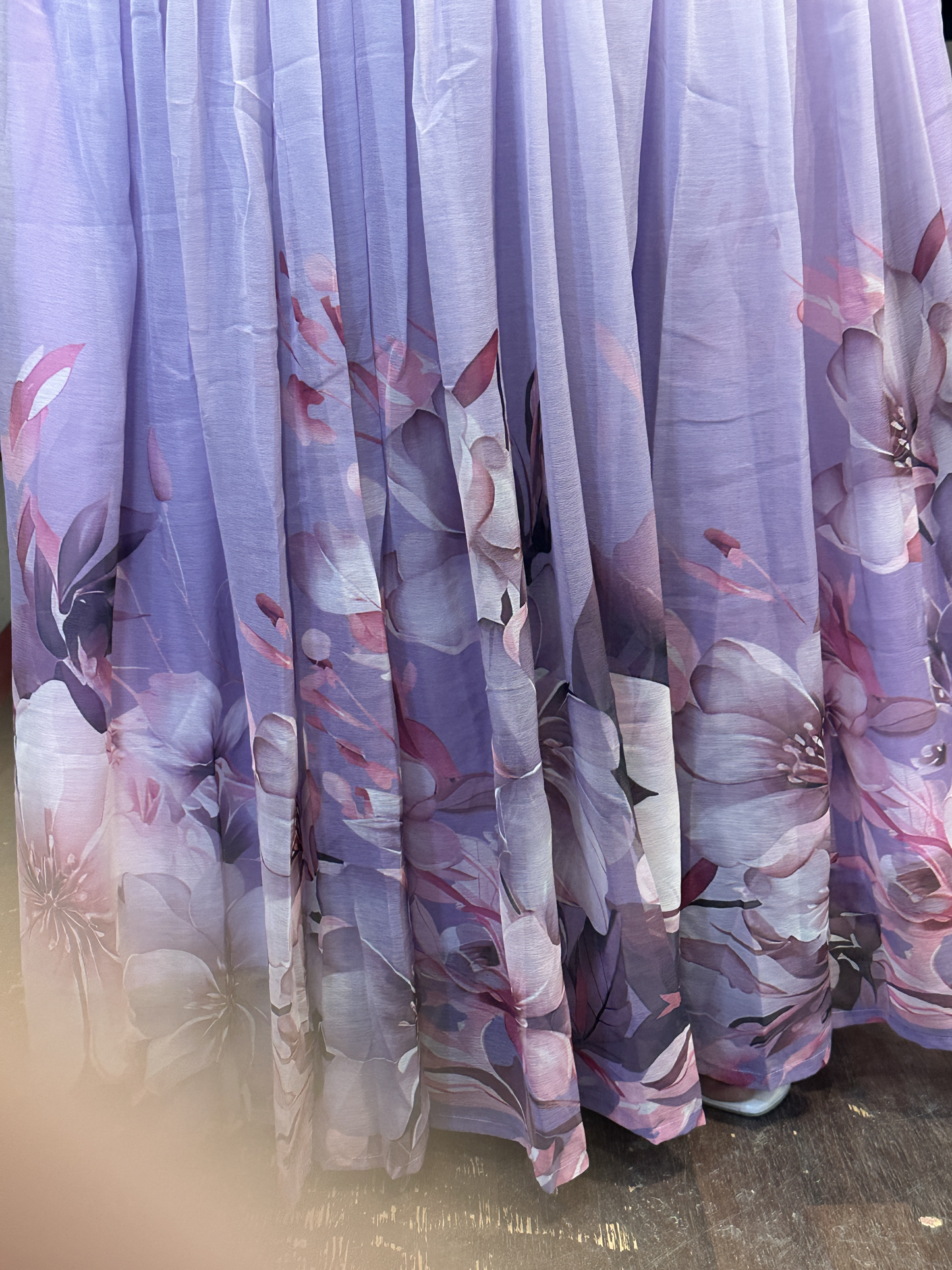 Cream & Lavender Soft Chiffon Floral Print Full Flair Anarkali Suit with Hand Embroidery Work on Neck & Embroidered Organza Dupatta