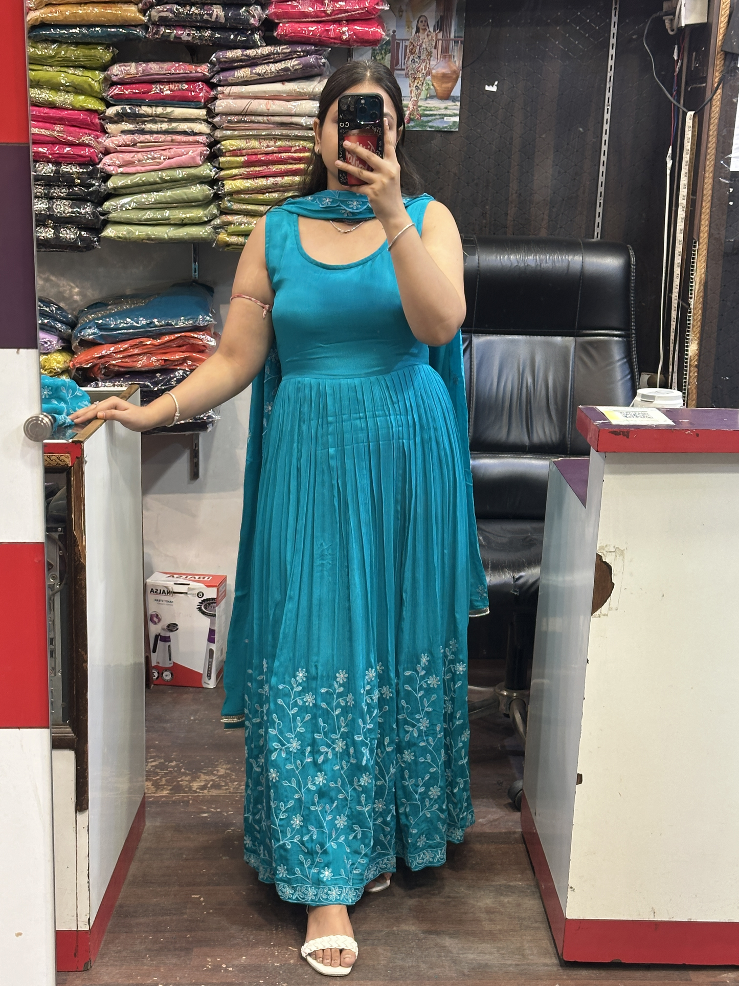 Skyblue Shade Chinnon Embroidered Full Flair Anarkali Suit with Embroidered Detachable Jacket and Pant with Full Embroidered Chinnon Dupatta