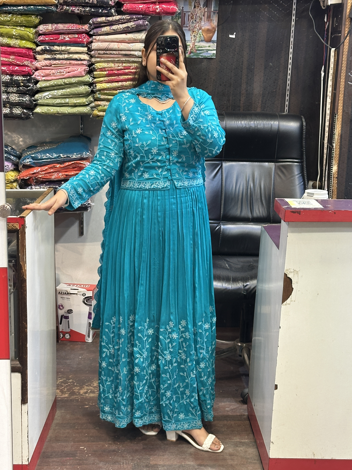 Skyblue Shade Chinnon Embroidered Full Flair Anarkali Suit with Embroidered Detachable Jacket and Pant with Full Embroidered Chinnon Dupatta