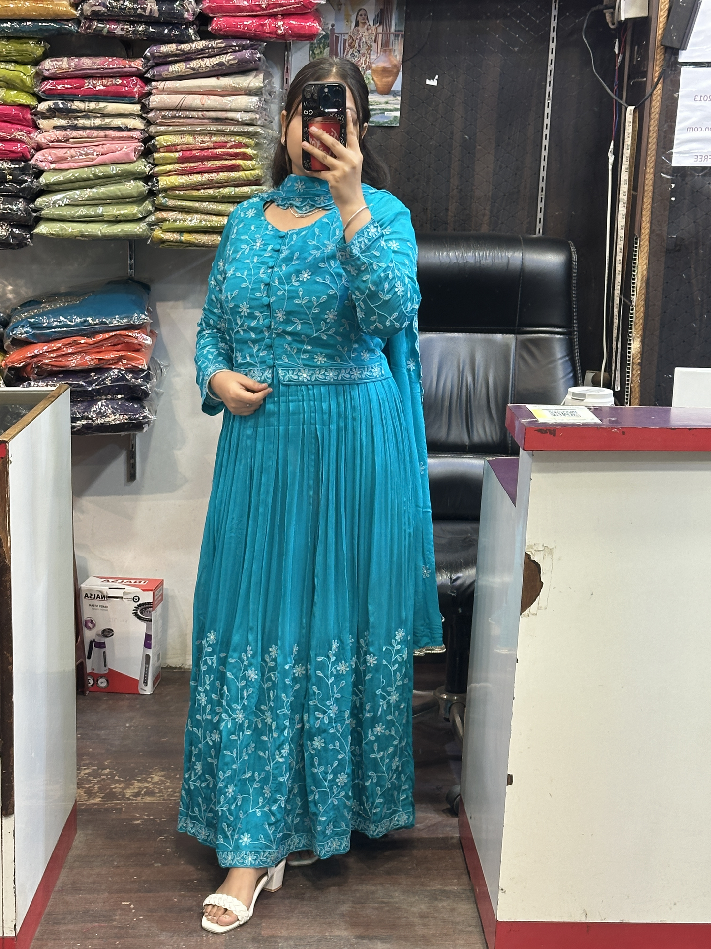 Skyblue Shade Chinnon Embroidered Full Flair Anarkali Suit with Embroidered Detachable Jacket and Pant with Full Embroidered Chinnon Dupatta