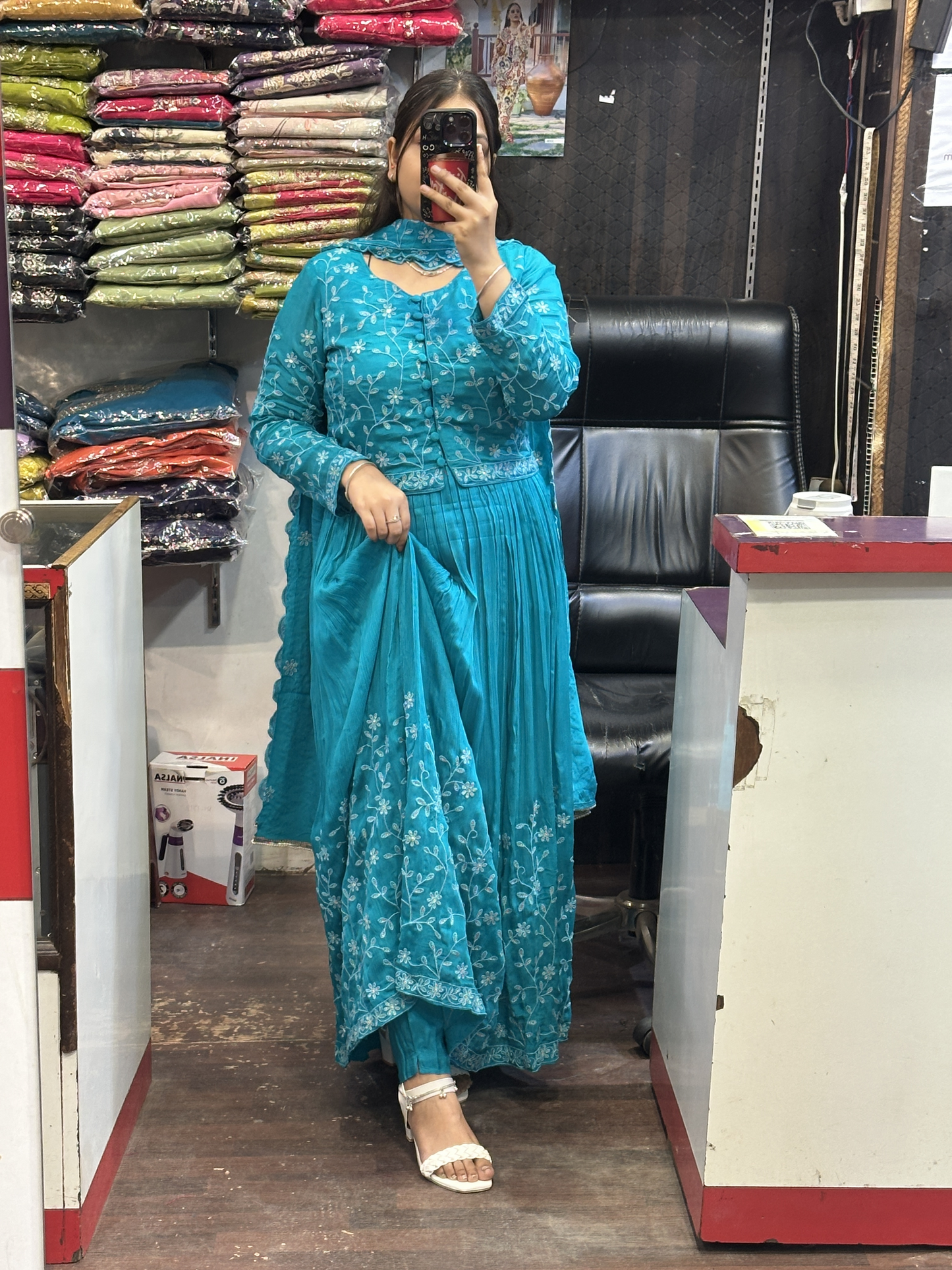 Skyblue Shade Chinnon Embroidered Full Flair Anarkali Suit with Embroidered Detachable Jacket and Pant with Full Embroidered Chinnon Dupatta