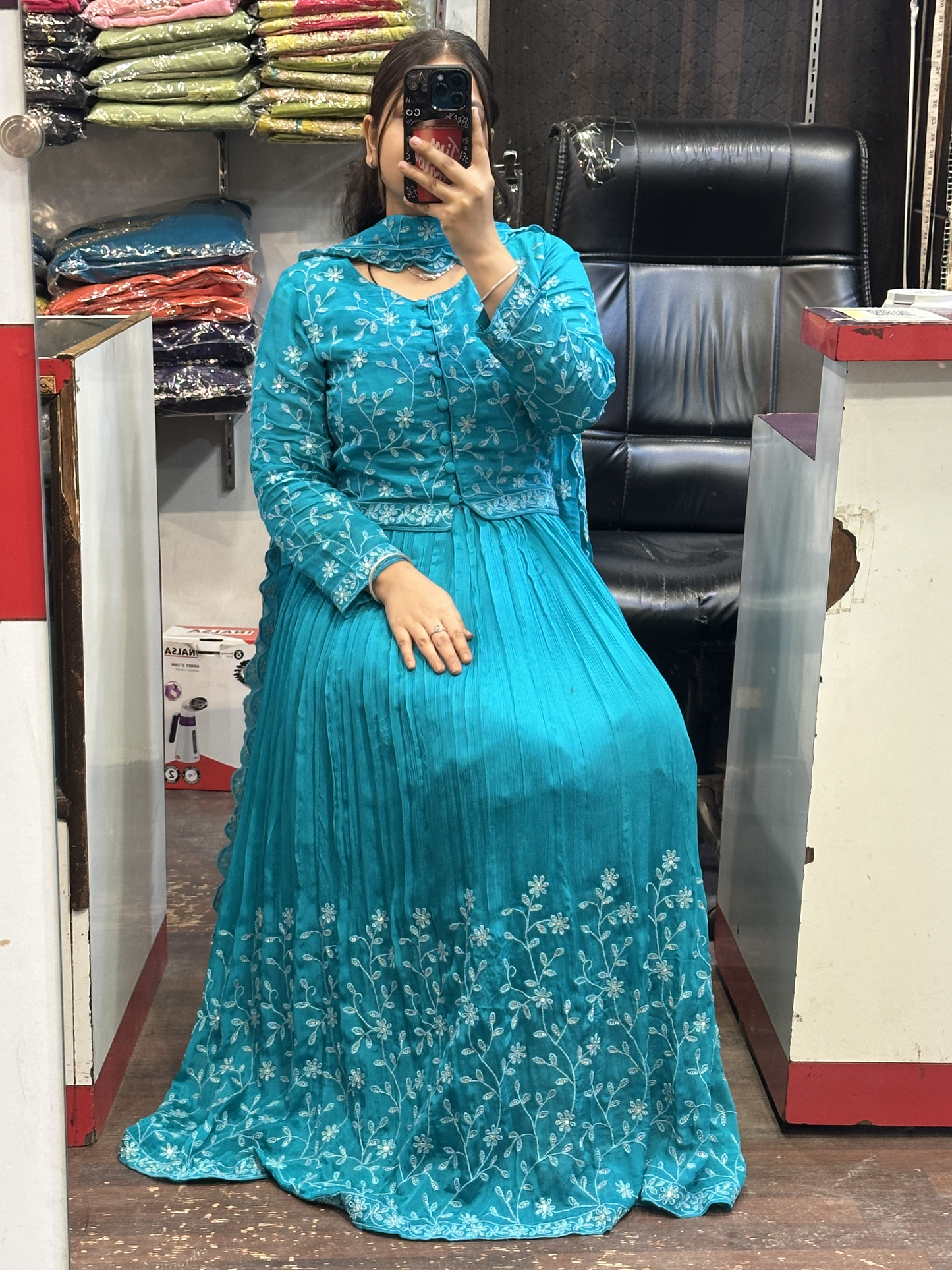 Skyblue Shade Chinnon Embroidered Full Flair Anarkali Suit with Embroidered Detachable Jacket and Pant with Full Embroidered Chinnon Dupatta