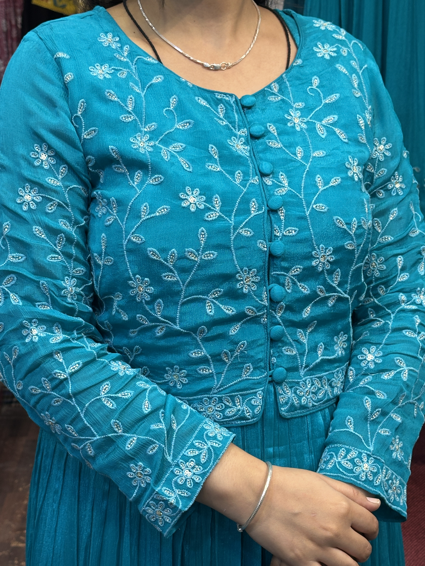 Skyblue Shade Chinnon Embroidered Full Flair Anarkali Suit with Embroidered Detachable Jacket and Pant with Full Embroidered Chinnon Dupatta
