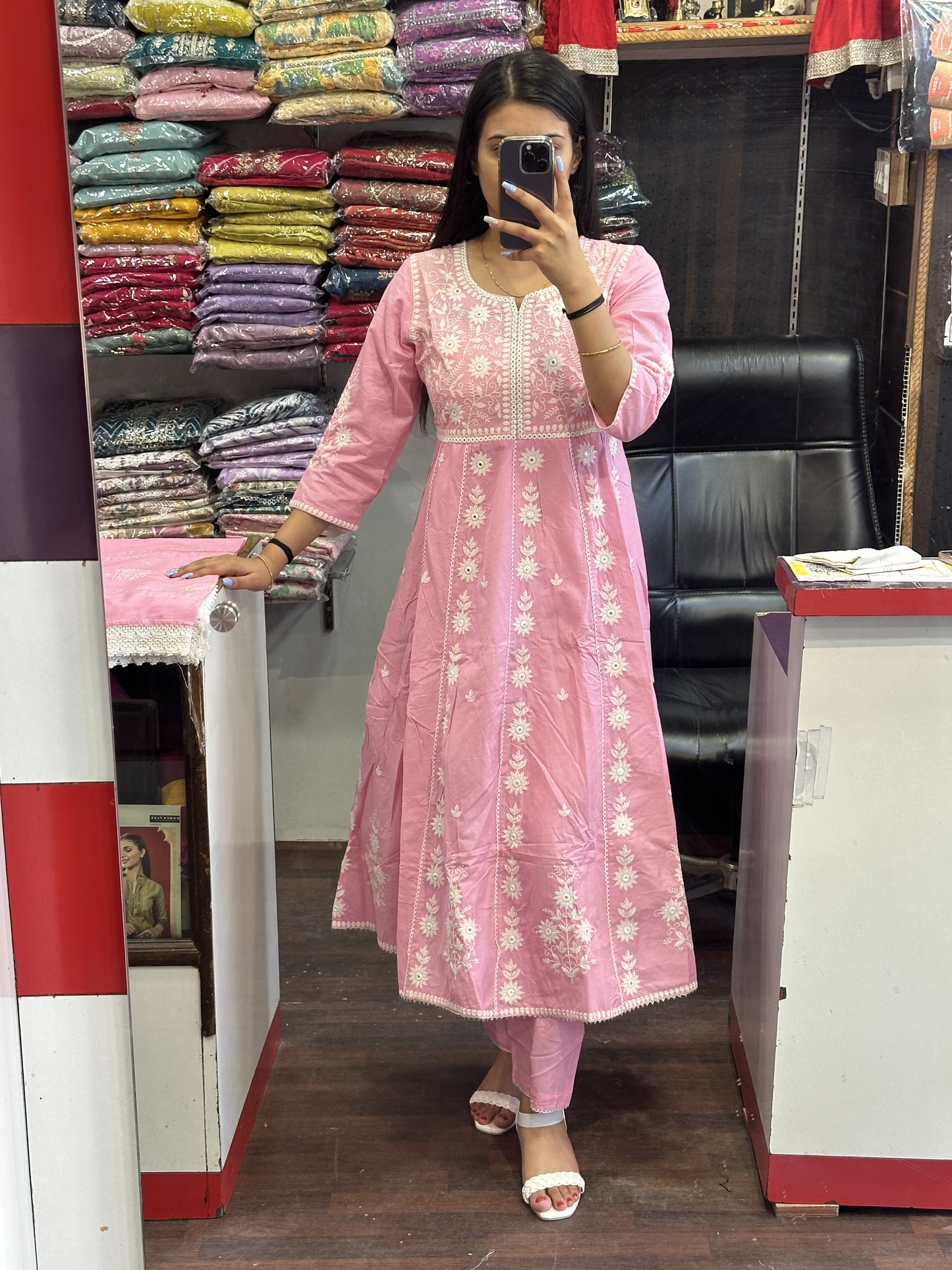 Pink Cotton Embroidered Anarkali Suit with Pant & Cotton Full Dupatta