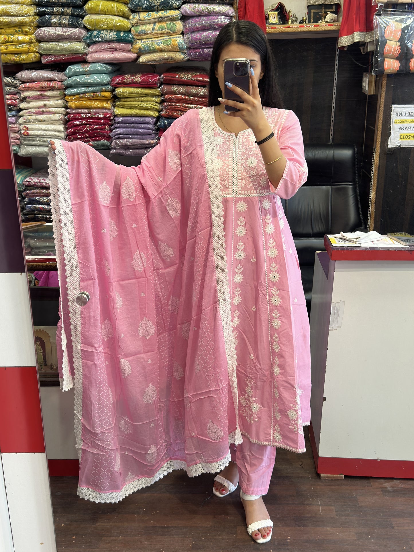 Pink Cotton Embroidered Anarkali Suit with Pant & Cotton Full Dupatta