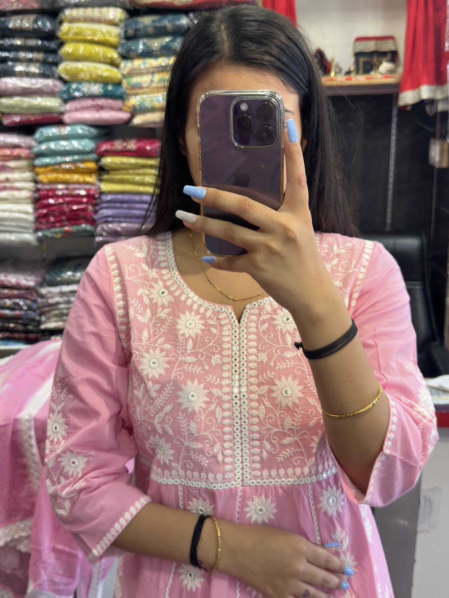 Pink Cotton Embroidered Anarkali Suit with Pant & Cotton Full Dupatta