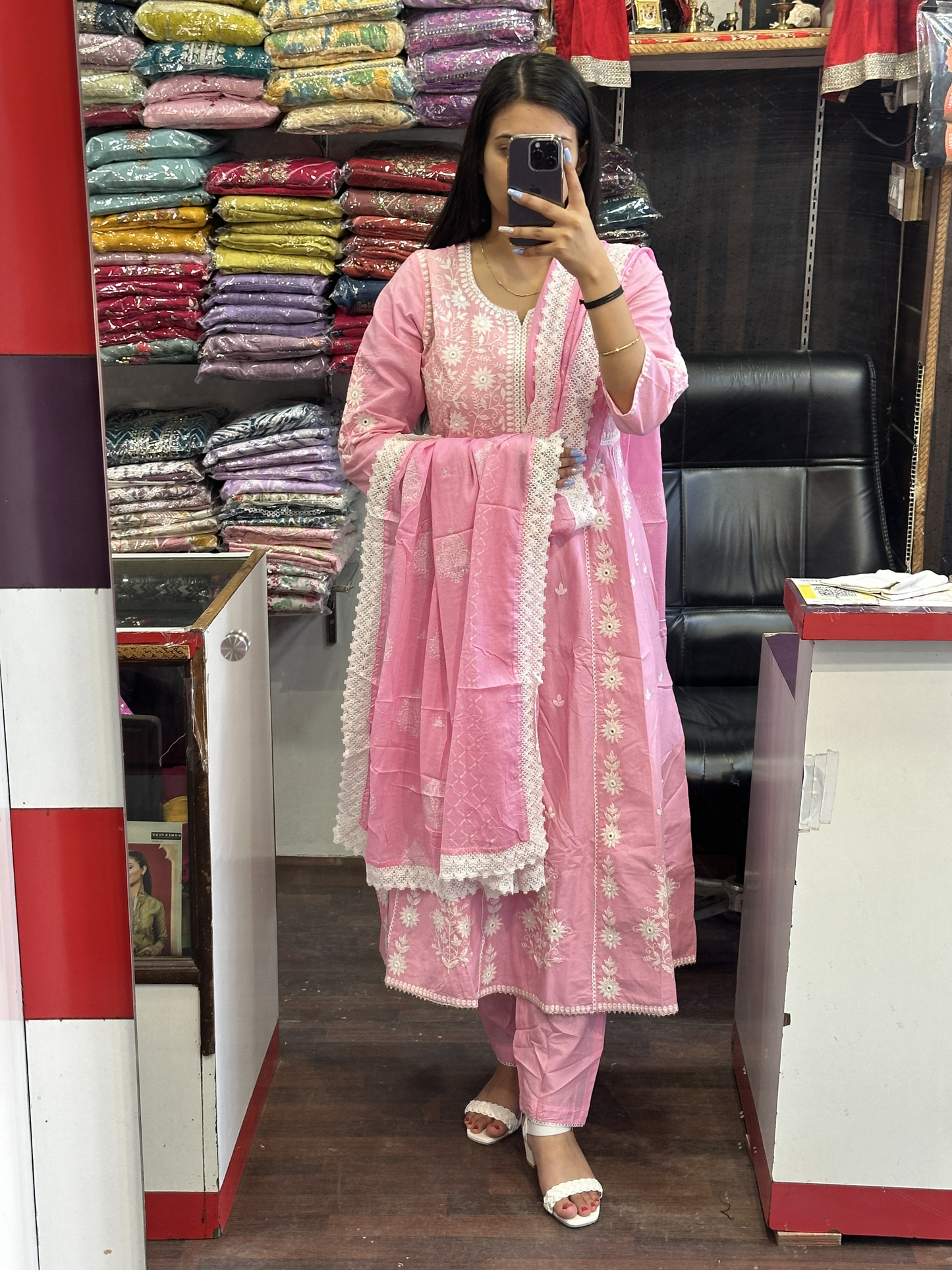 Pink Cotton Embroidered Anarkali Suit with Pant & Cotton Full Dupatta