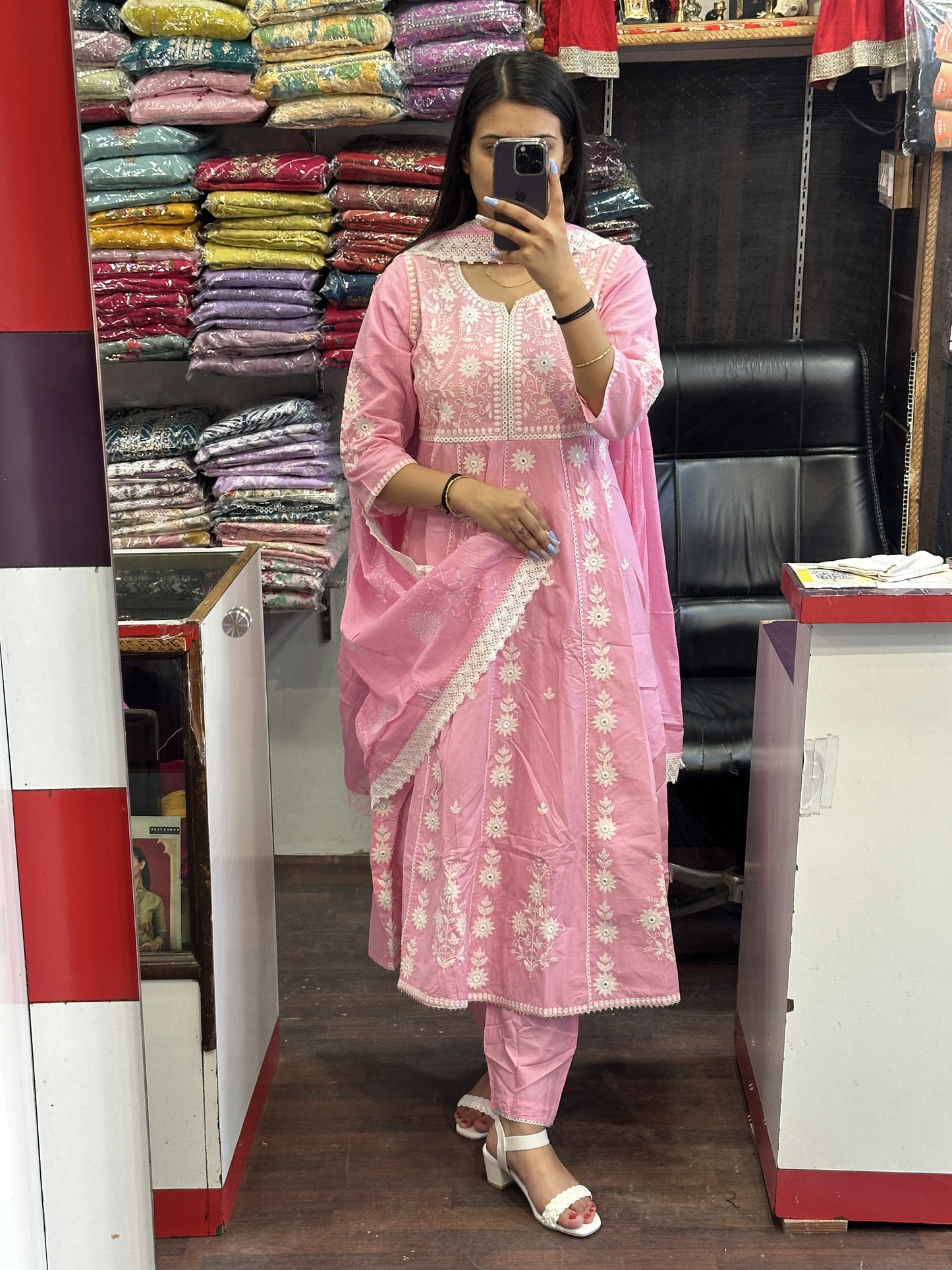 Pink Cotton Embroidered Anarkali Suit with Pant & Cotton Full Dupatta