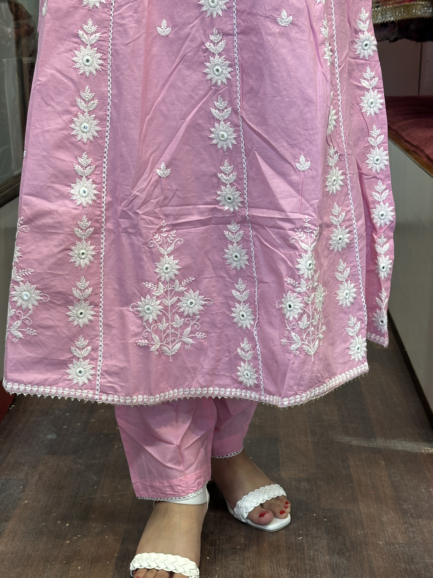 Pink Cotton Embroidered Anarkali Suit with Pant & Cotton Full Dupatta