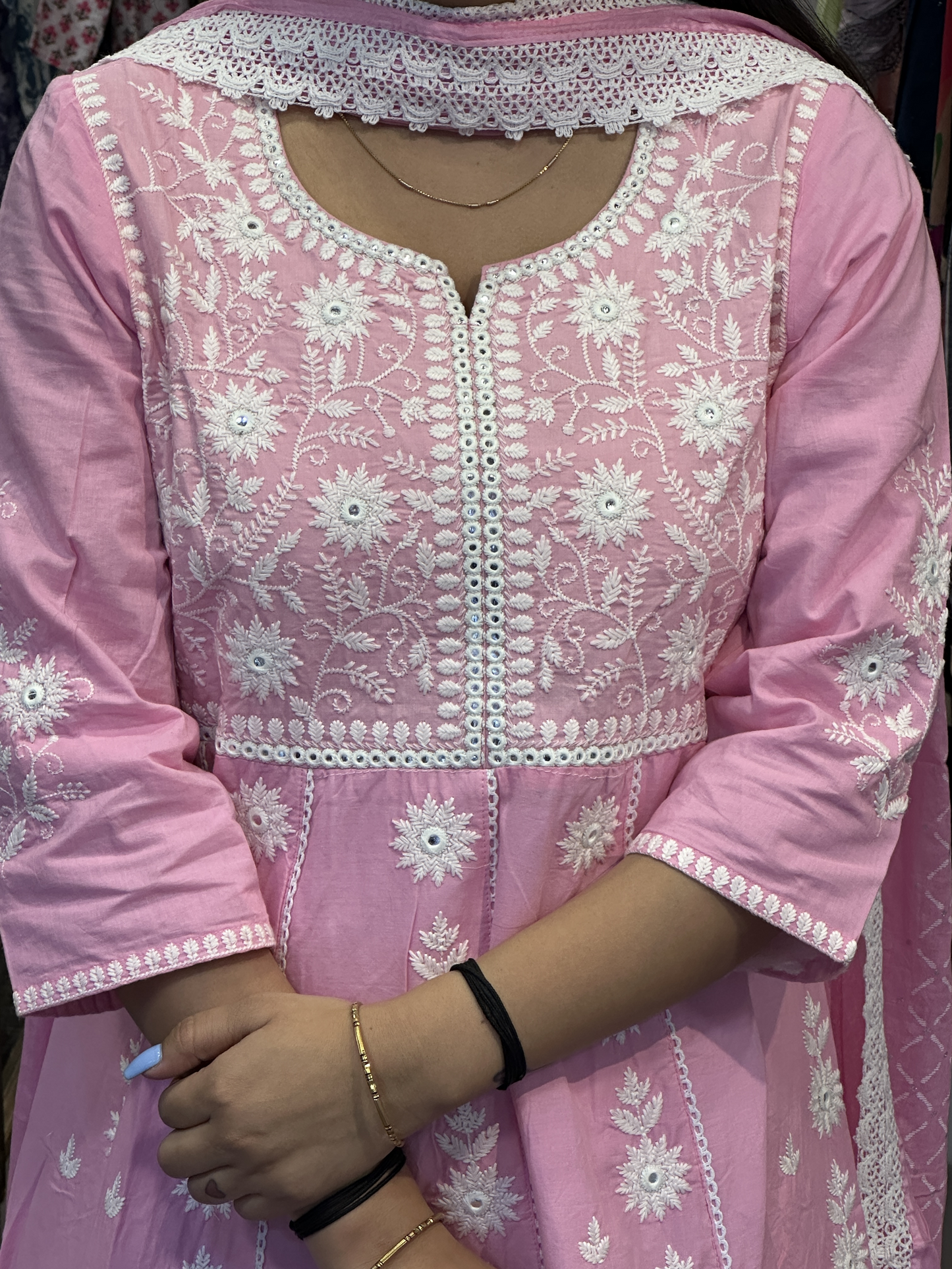 Pink Cotton Embroidered Anarkali Suit with Pant & Cotton Full Dupatta