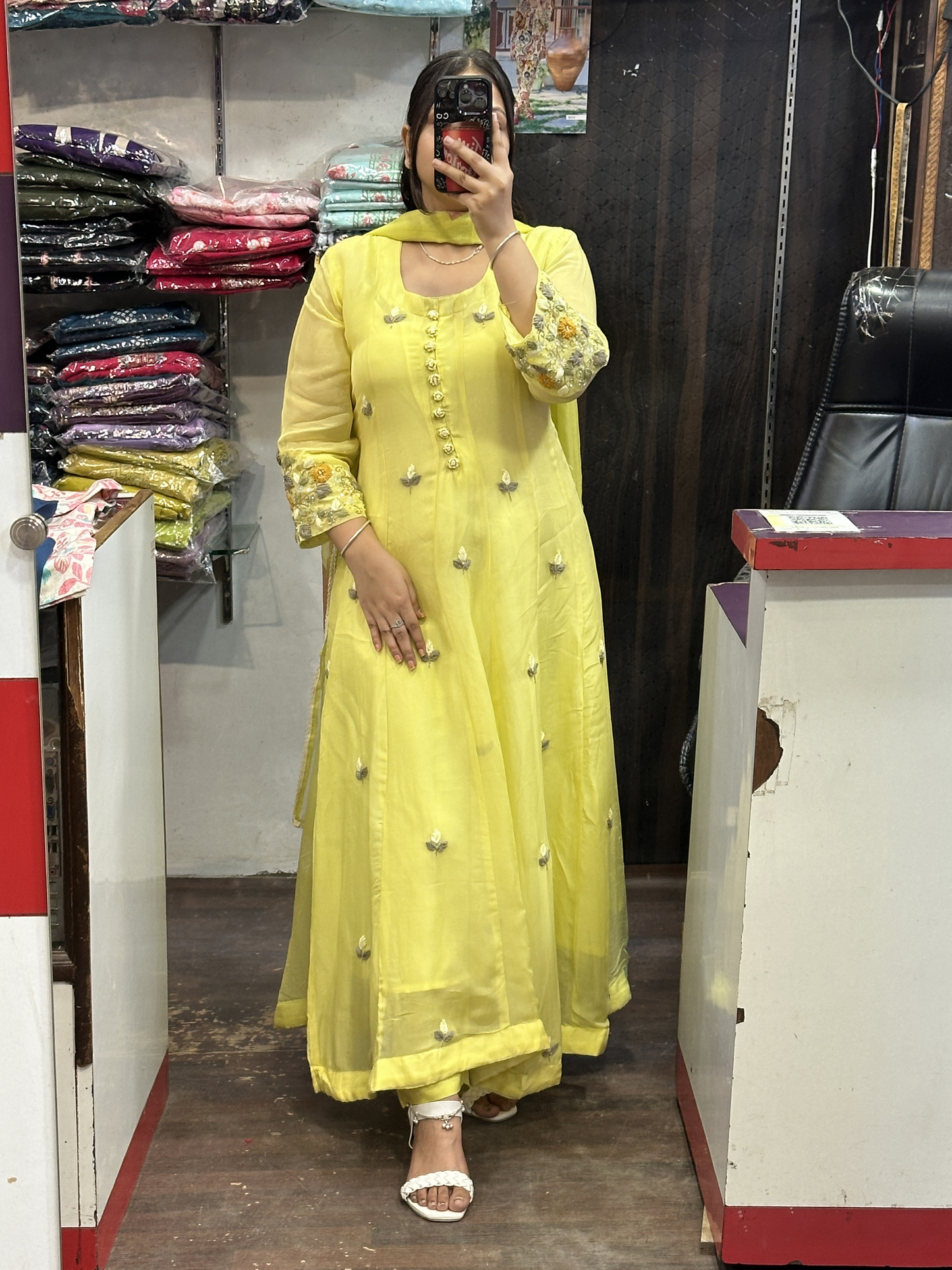 Nyon Green Organza Designer Anarkali Dress with Handwork Sleeves with Pant and Full Brush Paint Organza Dupatta
