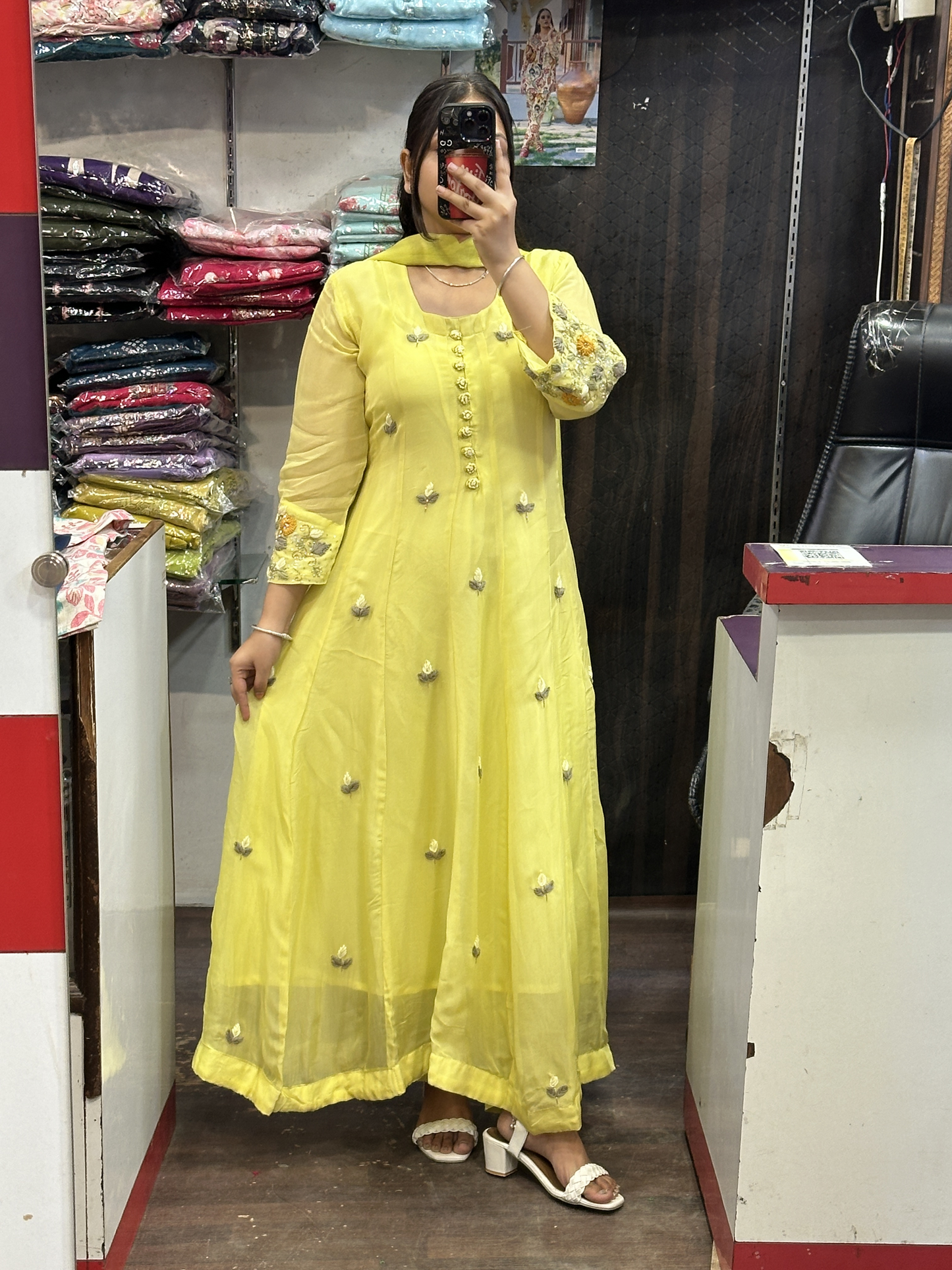 Nyon Green Organza Designer Anarkali Dress with Handwork Sleeves with Pant and Full Brush Paint Organza Dupatta