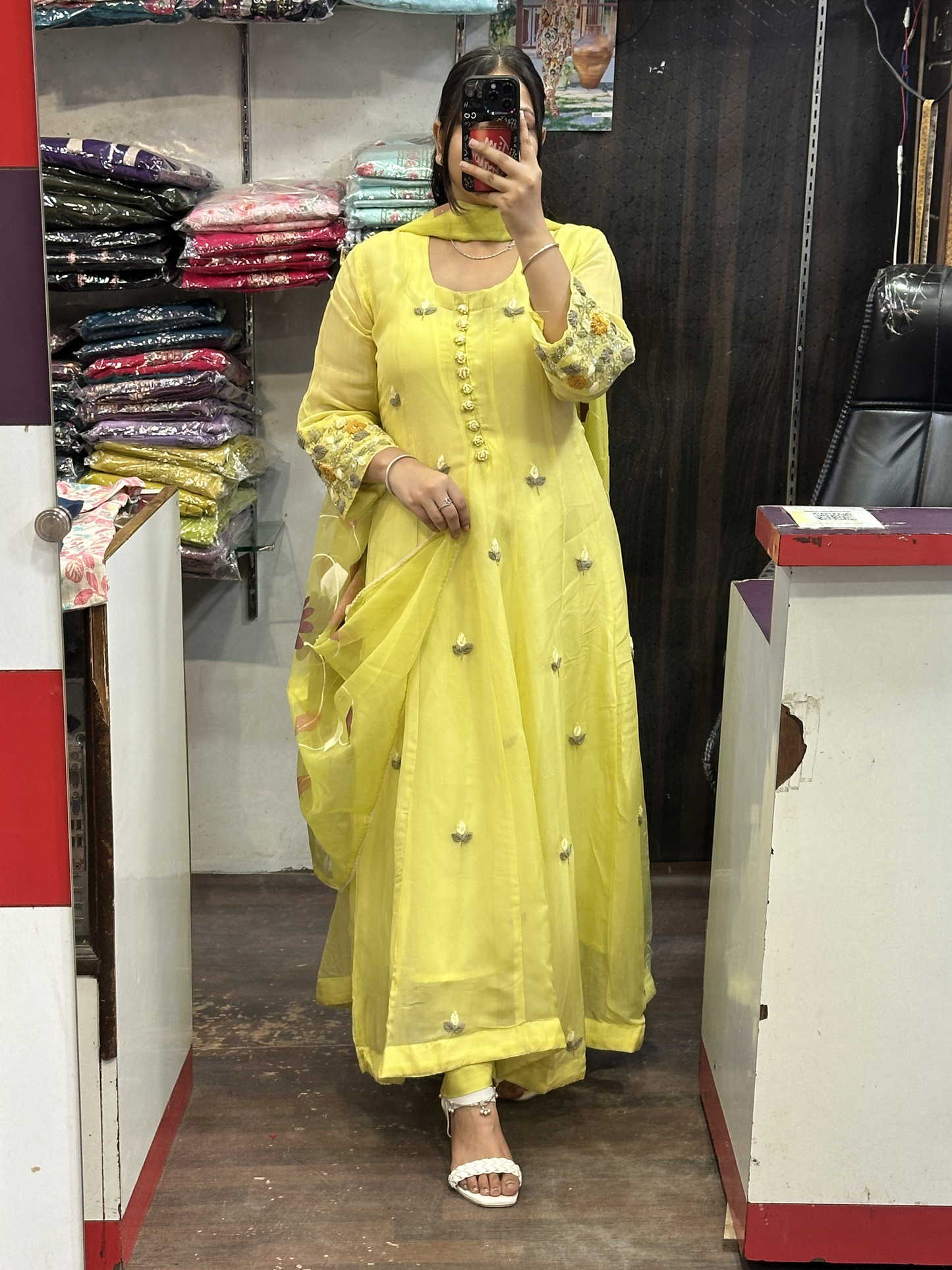 Nyon Green Organza Designer Anarkali Dress with Handwork Sleeves with Pant and Full Brush Paint Organza Dupatta