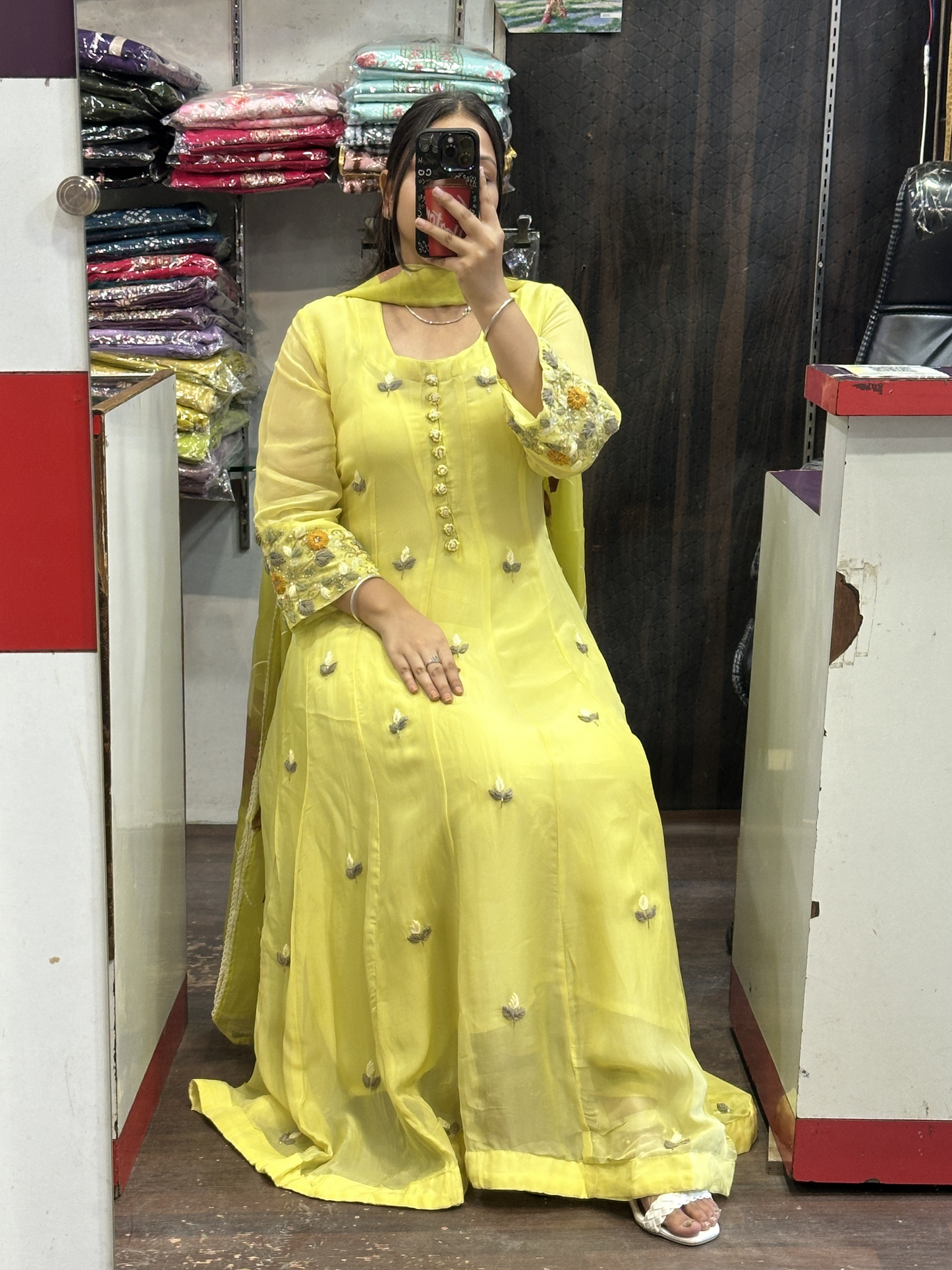 Nyon Green Organza Designer Anarkali Dress with Handwork Sleeves with Pant and Full Brush Paint Organza Dupatta