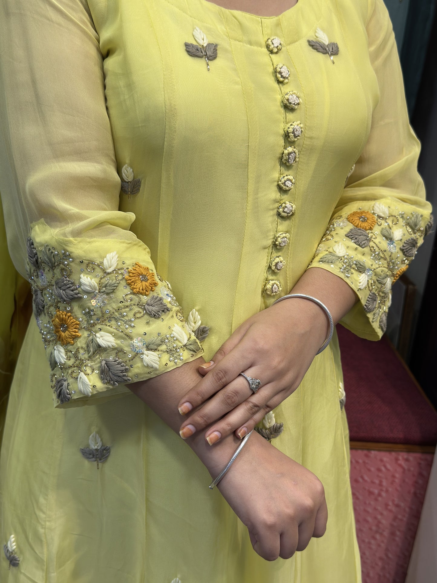 Nyon Green Organza Designer Anarkali Dress with Handwork Sleeves with Pant and Full Brush Paint Organza Dupatta