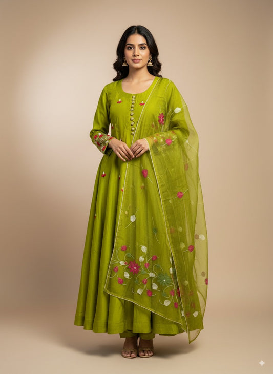 Mehandi Green Organza Designer Anarkali Dress with Handwork Sleeves with Pant and Full Brush Paint Organza Dupatta