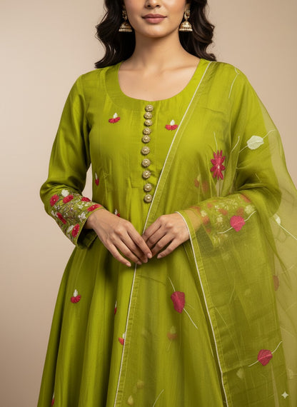 Mehandi Green Organza Designer Anarkali Dress with Handwork Sleeves with Pant and Full Brush Paint Organza Dupatta