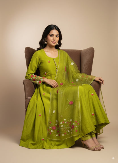 Mehandi Green Organza Designer Anarkali Dress with Handwork Sleeves with Pant and Full Brush Paint Organza Dupatta
