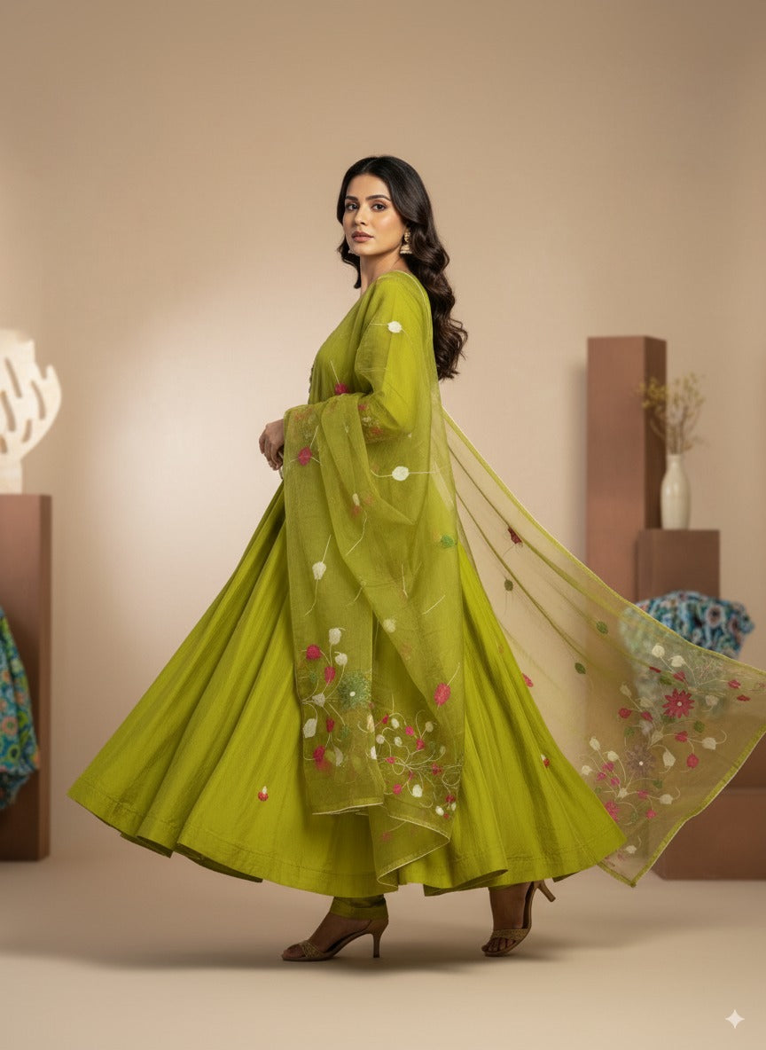 Mehandi Green Organza Designer Anarkali Dress with Handwork Sleeves with Pant and Full Brush Paint Organza Dupatta
