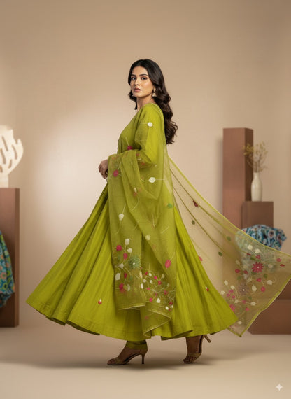 Mehandi Green Organza Designer Anarkali Dress with Handwork Sleeves with Pant and Full Brush Paint Organza Dupatta