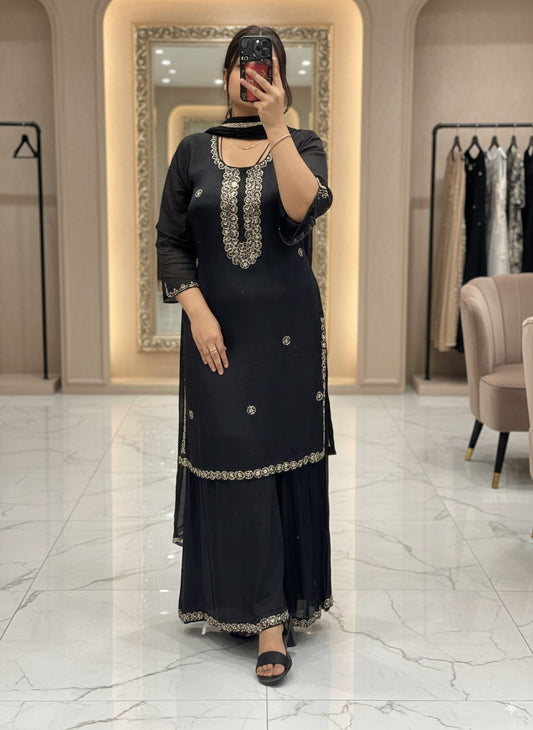 Black Pure Chinnon Embroidered Short Kurti Dress with Lining & Embroidered Full Flared Divider with Full Embroidered Dupatta