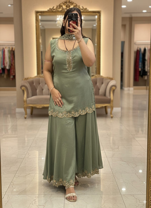 Pure Chinnon Embroidered Short Kurti Dress designs for Women with Lining & Embroidered Full Flared Divider with Strap Embroidered Dupatta