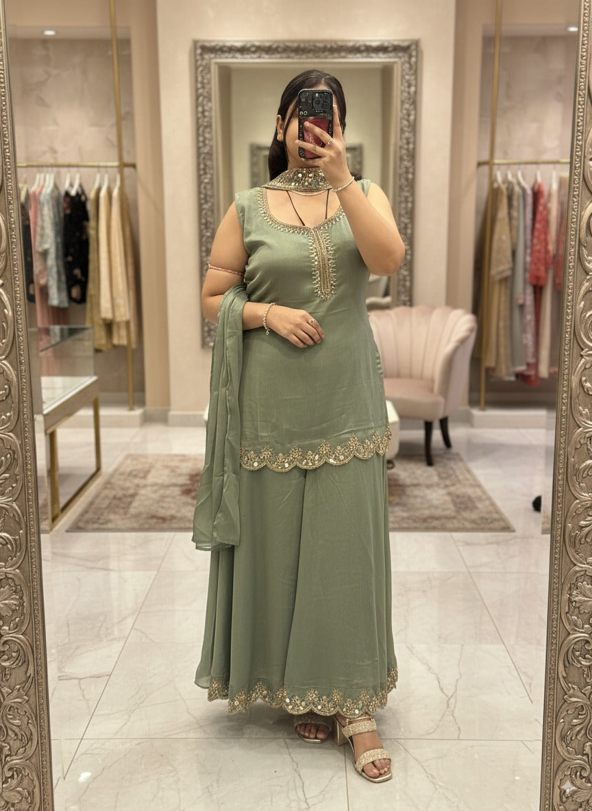 Pure Chinnon Embroidered Short Kurti Dress designs for Women with Lining & Embroidered Full Flared Divider with Strap Embroidered Dupatta