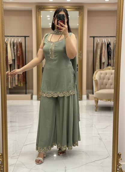 Pure Chinnon Embroidered Short Kurti Dress designs for Women with Lining & Embroidered Full Flared Divider with Strap Embroidered Dupatta