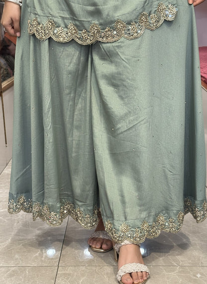 Pure Chinnon Embroidered Short Kurti Dress designs for Women with Lining & Embroidered Full Flared Divider with Strap Embroidered Dupatta
