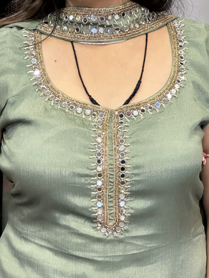 Pure Chinnon Embroidered Short Kurti Dress designs for Women with Lining & Embroidered Full Flared Divider with Strap Embroidered Dupatta