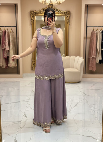 Lavender Pure Chinnon Embroidered Short Kurti Dress designs for Women with Lining & Embroidered Full Flared Divider with  Strap Embroidered Dupatta