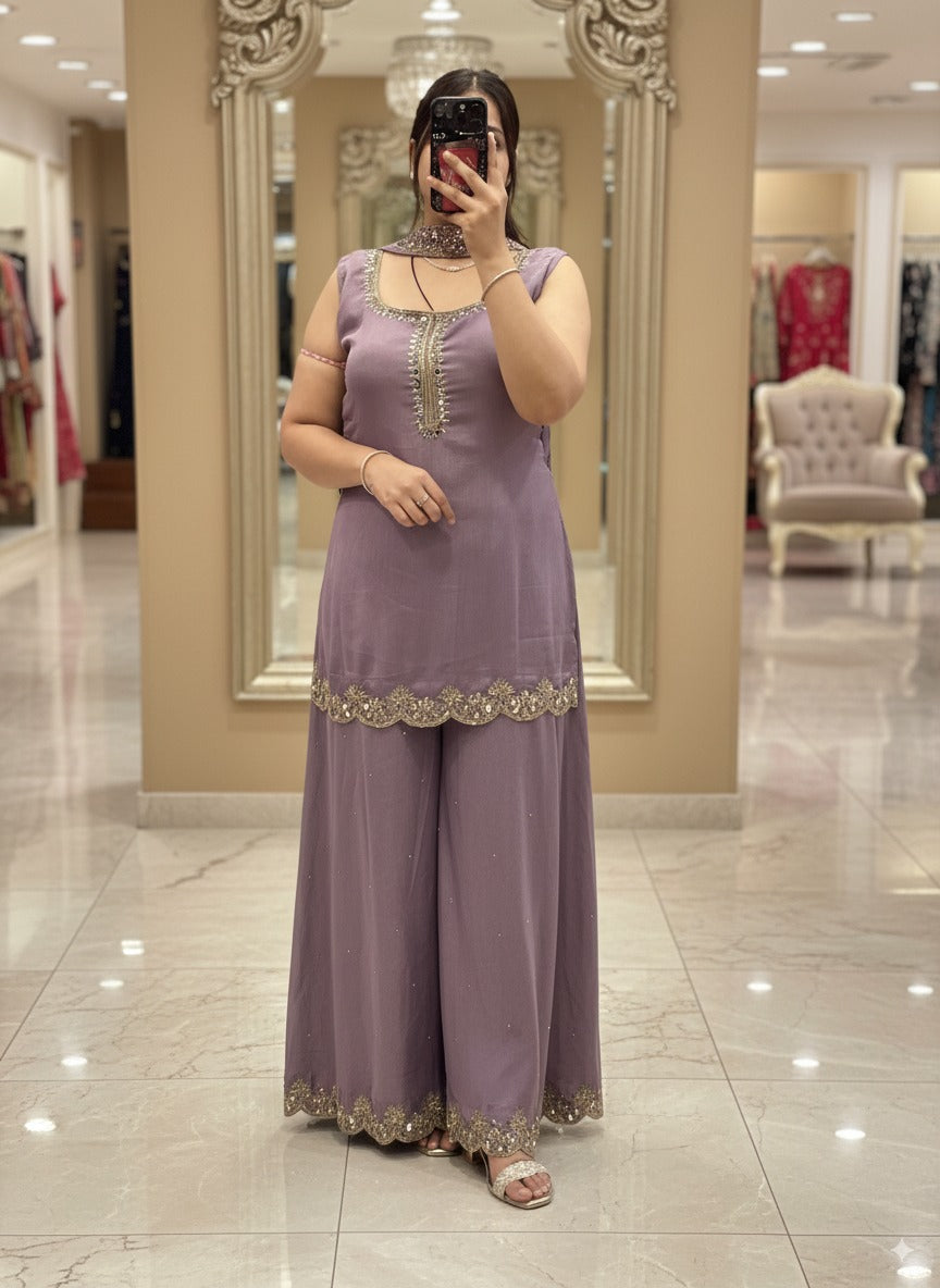 Lavender Pure Chinnon Embroidered Short Kurti Dress designs for Women with Lining & Embroidered Full Flared Divider with  Strap Embroidered Dupatta