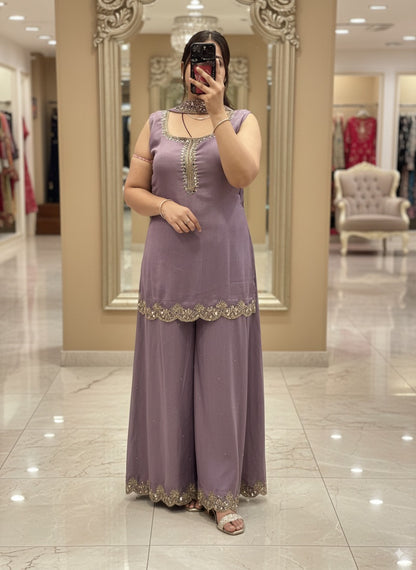 Lavender Pure Chinnon Embroidered Short Kurti Dress designs for Women with Lining & Embroidered Full Flared Divider with  Strap Embroidered Dupatta
