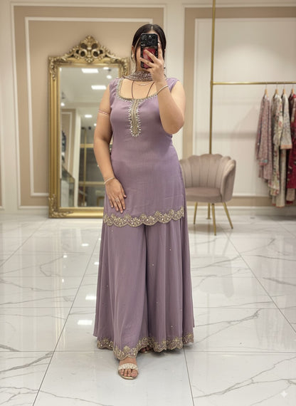 Lavender Pure Chinnon Embroidered Short Kurti Dress designs for Women with Lining & Embroidered Full Flared Divider with  Strap Embroidered Dupatta