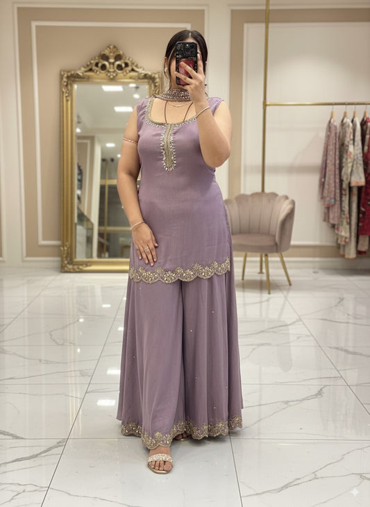 Lavender Pure Chinnon Embroidered Short Kurti Dress designs for Women with Lining & Embroidered Full Flared Divider with  Strap Embroidered Dupatta
