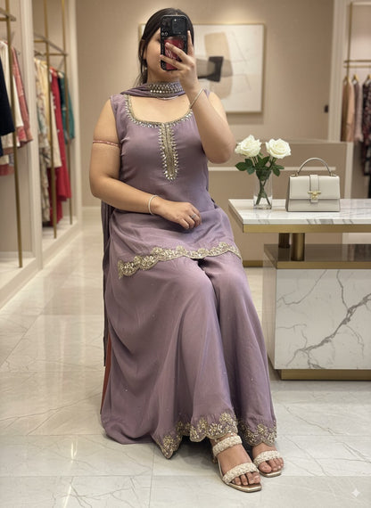 Lavender Pure Chinnon Embroidered Short Kurti Dress designs for Women with Lining & Embroidered Full Flared Divider with  Strap Embroidered Dupatta