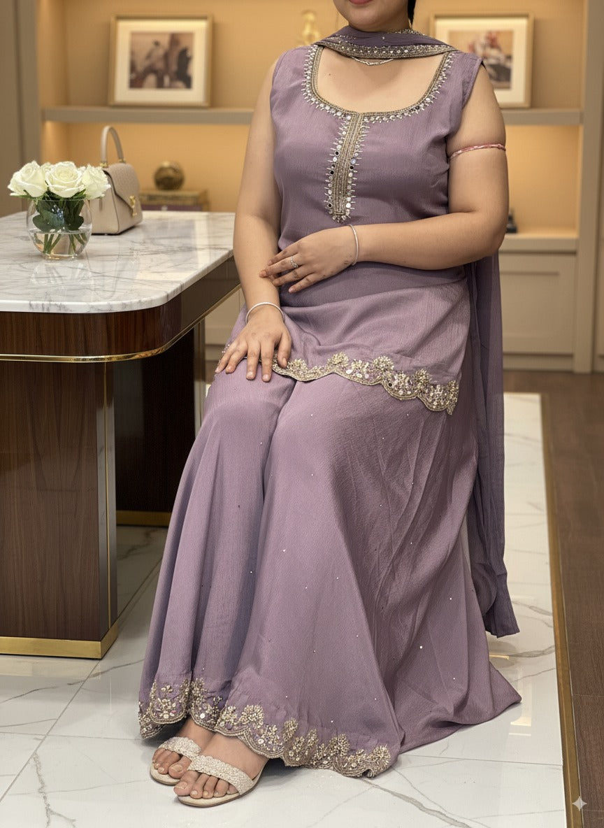 Lavender Pure Chinnon Embroidered Short Kurti Dress designs for Women with Lining & Embroidered Full Flared Divider with  Strap Embroidered Dupatta