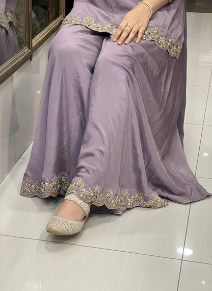 Lavender Pure Chinnon Embroidered Short Kurti Dress designs for Women with Lining & Embroidered Full Flared Divider with  Strap Embroidered Dupatta