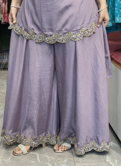 Lavender Pure Chinnon Embroidered Short Kurti Dress designs for Women with Lining & Embroidered Full Flared Divider with  Strap Embroidered Dupatta