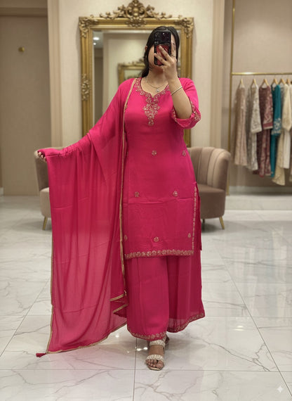 Hot Pink Handwork Pure Chinnon 3pc Dress with Lining & Embroidered Full Flared Divider with Designer Handwork Sleeves and Full Pure Chinnon Dupatta