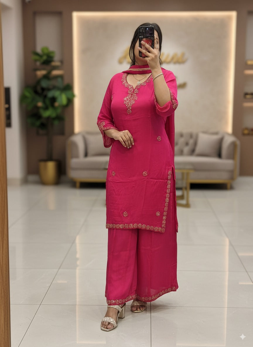 Hot Pink Handwork Pure Chinnon 3pc Dress with Lining & Embroidered Full Flared Divider with Designer Handwork Sleeves and Full Pure Chinnon Dupatta