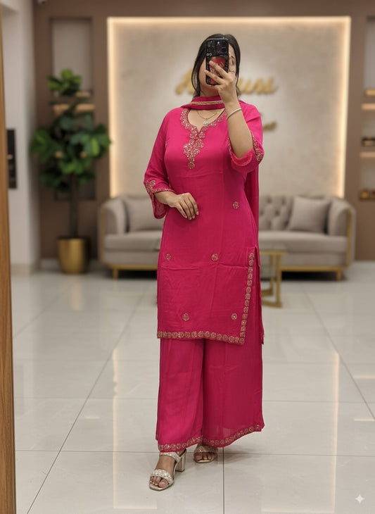 Hot Pink Handwork Pure Chinnon 3pc Dress with Lining & Embroidered Full Flared Divider with Designer Handwork Sleeves and Full Pure Chinnon Dupatta